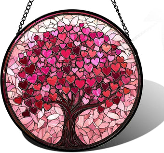 Stained Glass Window Hanging - DASTOLL, Birthday Gifts for Women Men Mom Dad, Pink Love Tree Suncatcher for Doors Window Home Sun Catchers Decor 7.8 in
