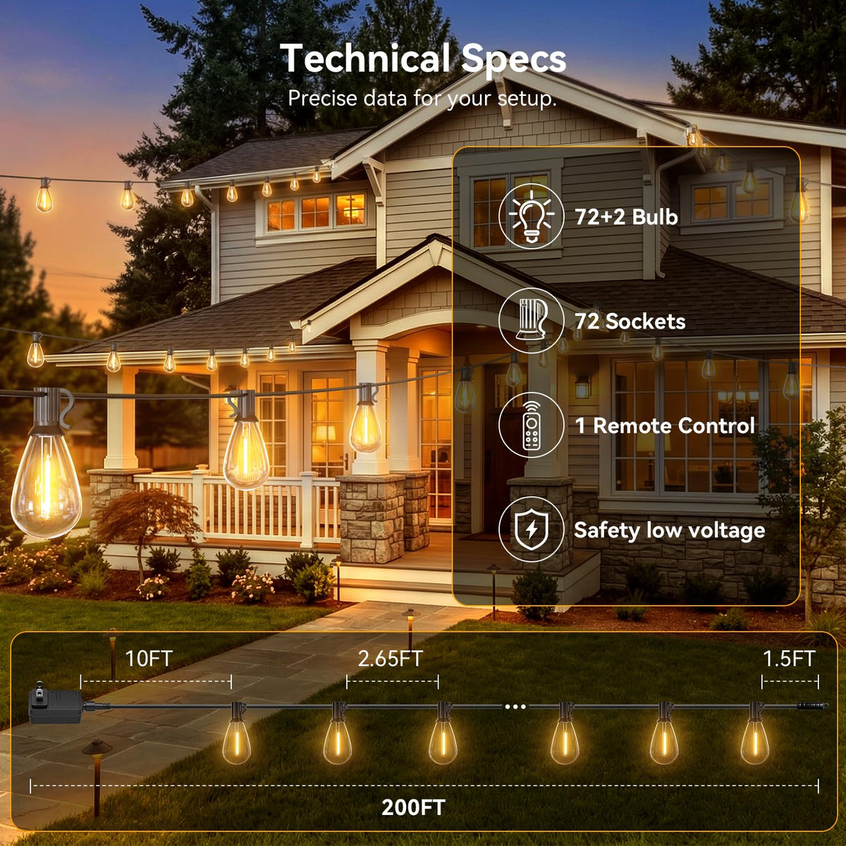 Amzrap 200FT Outdoor String Lights with Remote, Waterproof Patio Lights with 72+2 Shatterproof LED Bulbs,Dimmable Hanging Decor for Backyard Garden Porch Bistro, Timer & 3 Modes,2700K Warm White