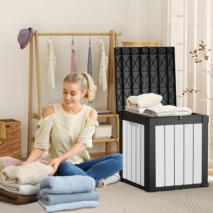 40 Gallon Resin Deck Box, Lockable Patio Outdoor Storage Box for Furniture, Garden Tools and Tools Storage, Waterproof Outside Storage Boxes - Black&White