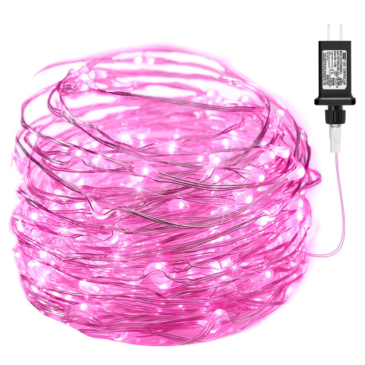 Pink Fairy Lights Plug in, 33Ft 100 LEDs Waterproof Silver Wire Firefly Valentine's Lights, Adaptor Included, Starry String Lights for Wedding Indoor Outdoor Patio Garden Valentine's Day Decoration