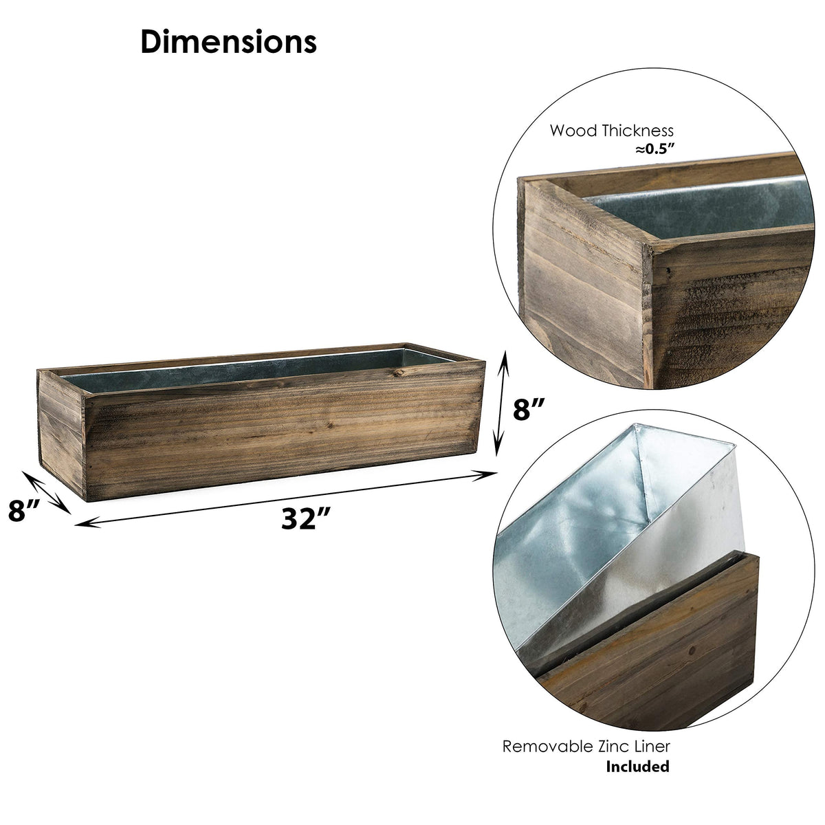CYS EXCEL Rectangular Planter Box with Removable Zinc Metal Liner (H:8" Open:32"x8") | Multiple Size Choices Wood Rectangular Planter | Indoor Decorative Window Box