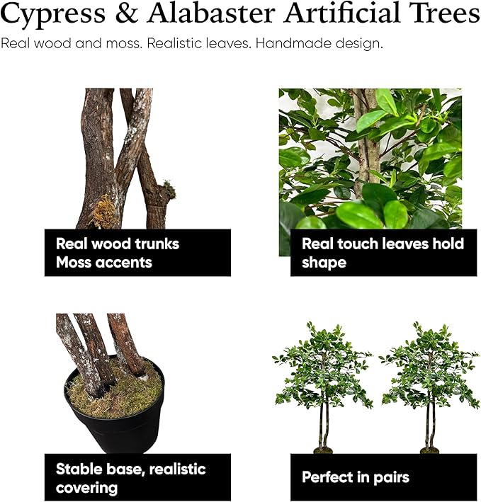 Cypress & Alabaster Handmade 4ft Italian Black Olive Leaf Artificial Tree with Ethically Sourced Real Wood Trunks, Hypoallergenic, 4-Foot, Green