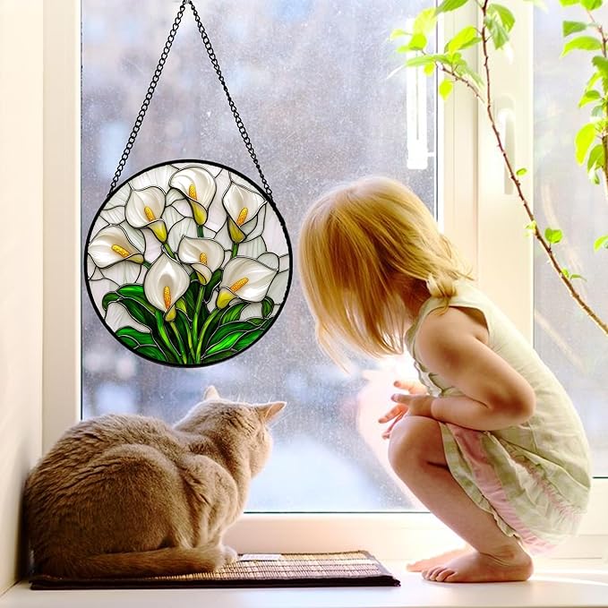 Stained Glass Window Hanging, White Calla Lily Suncatcher Diamond Glass Panel Hangings Flowers Sun Catchers Decor for Birthday for Women, Men, Wife, Aunt, and Mom 9.8 in