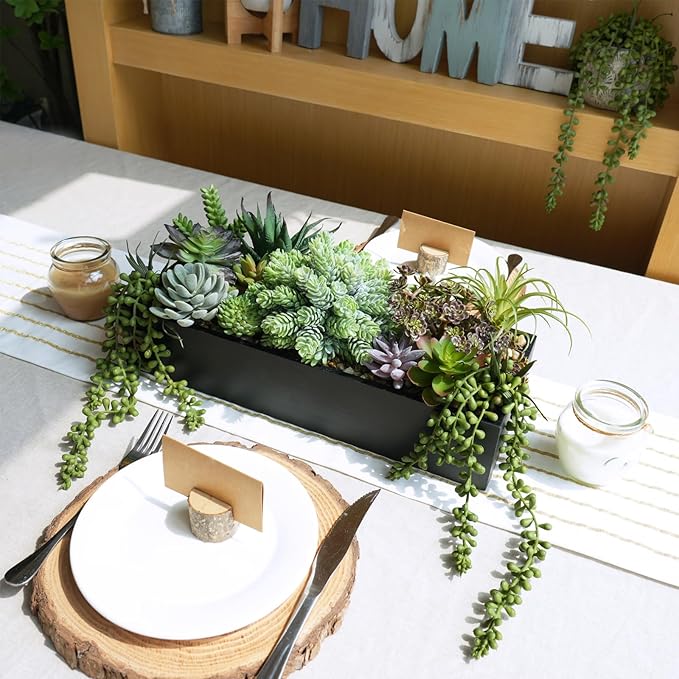 Winlyn 15" Artificial Succulent Arrangement Faux Succulents in Rustic Black Rectangular Wooden Planter Faux Potted Plants for Party Table Centerpiece Mantel Shelf Windowsill Tabletop Greenery Decor