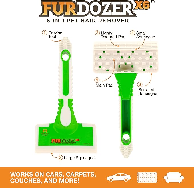 FurDozer Pet Hair Remover & Auto Detailing Tools - Cat & Dog Hair Remover for Carpets, Car Interiors, Couches, Bedding, & Pet Furniture (Green, X6)