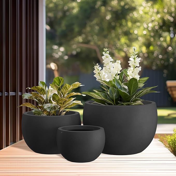 Kante 19.9",15.7",11.8" Dia Round Concrete Planter Set of 3, Outdoor/Indoor Large Bowl Plant Pots with Drainage Hole and Rubber Plug for Garden Patio Balcony Home, Black