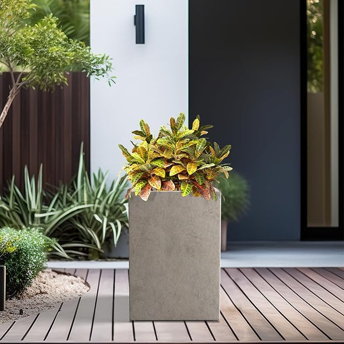 Kante 12.6" H Tall Rectangular Concrete Planters, Outdoor Indoor Lightweight Plant Pots with Drainage Hole and Rubber Plug, Modern Style for Home Garden Patio, Weathered Concrete