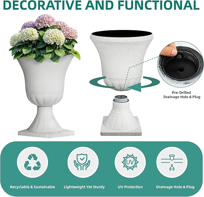 Autodaya 22" Urn Planters Outdoor Planter for Plants Set of 2 Timeless Plastic Large Flower Pot with Drainage Hole Terrazzo White Garden Pots for Porch, Patio Christmas Decor