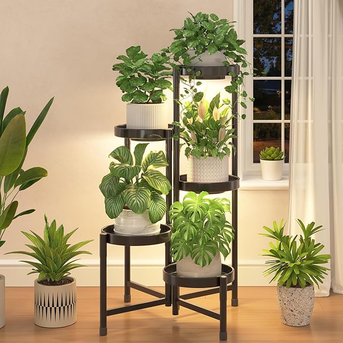 iDavosic.ly Plant Stand Indoor with Grow Light, 5 Tier Corner Metal Flower Display Holder Shelf, Easy Assembly Folding Tall Orchid Rack for Patio Balcony Porch Garden Living Room House, Black