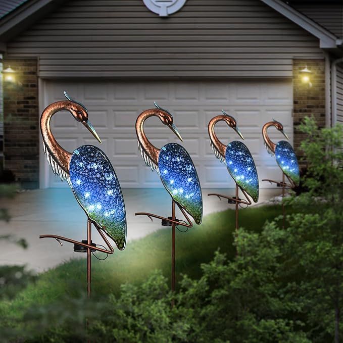 TERESA'S Collections Blue Heron Outdoor Solar Lights for Garde Decor, Metal Yard Decorations Outdoor Decorative Garden Stake for Outside, Yard Art Pathway Lights for Patio Decor 43",Gifts for Mom