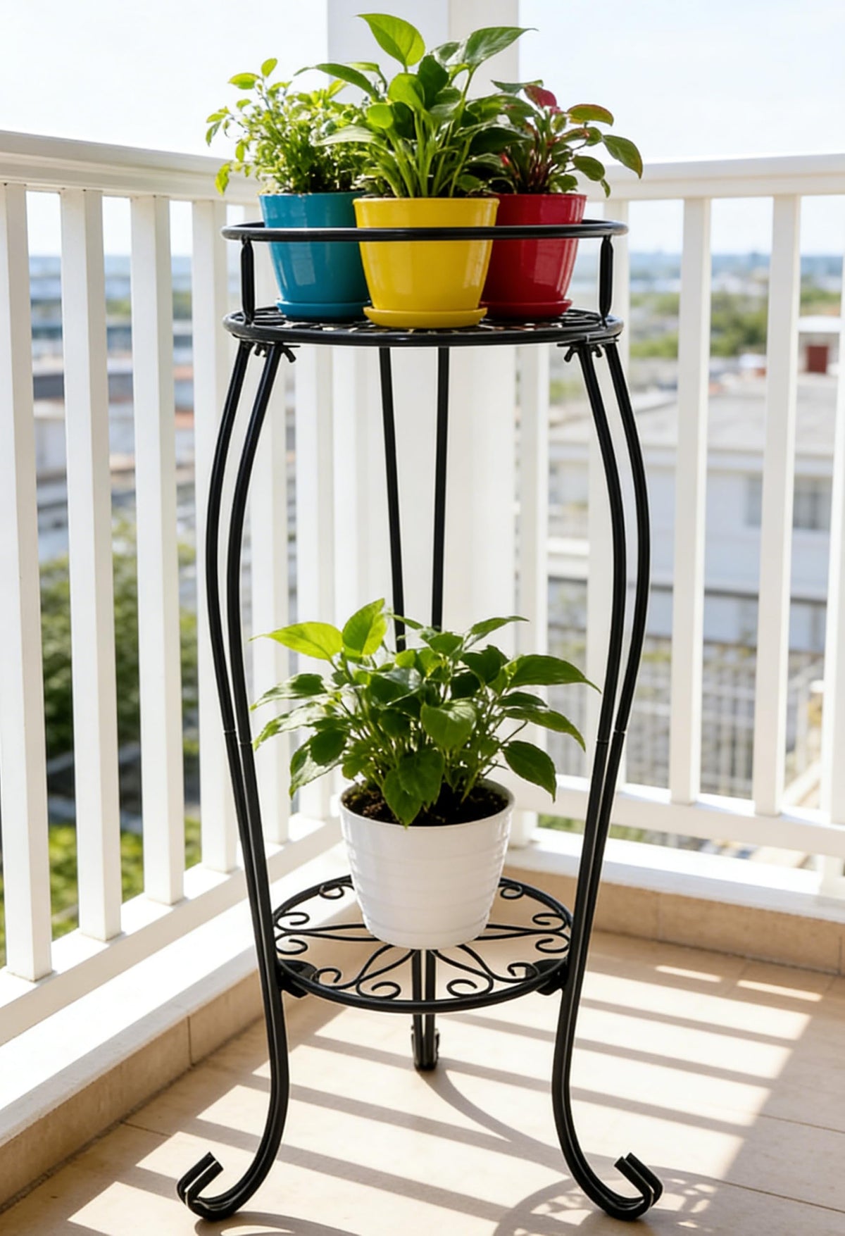 CASIMR 2 Tier Plant Stand, 26.8 inch Tall Metal Potted Holder Rack,Indoor Outdoor Multiple Flower Pot Shelf Rustproof Iron Garden Container for Garden Patio Living Room Corner Balcony, Black