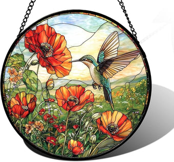 DASTOLL Stained Glass Window Hanging, Hummingbirds Orange Flowers Suncatcher Diamond Glass Panel Hangings Sun Catchers Decor for Birthday for Women, Men, Wife, Aunt, and Mom 11.8 in