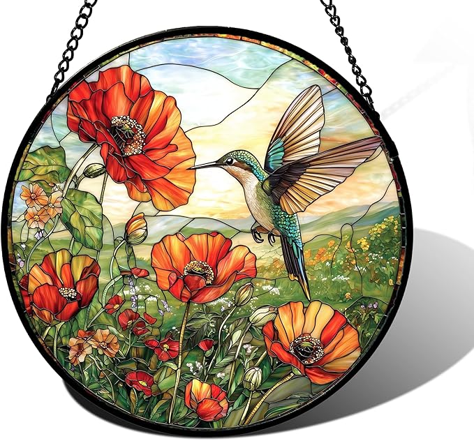 DASTOLL Stained Glass Window Hanging, Hummingbirds Orange Flowers Suncatcher Diamond Glass Panel Hangings Sun Catchers Decor for Birthday for Women, Men, Wife, Aunt, and Mom 7.8 in