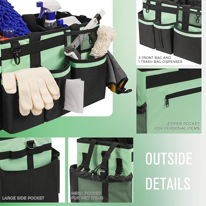 Wearable Cleaning Caddy, Cleaning Caddy Supplies Organizer with Handle & Shoulder Straps for Housekeepers, Under Sink & Car Cleaning Tool Organizers Bag with 4 Foldable Divider (MintGreen)