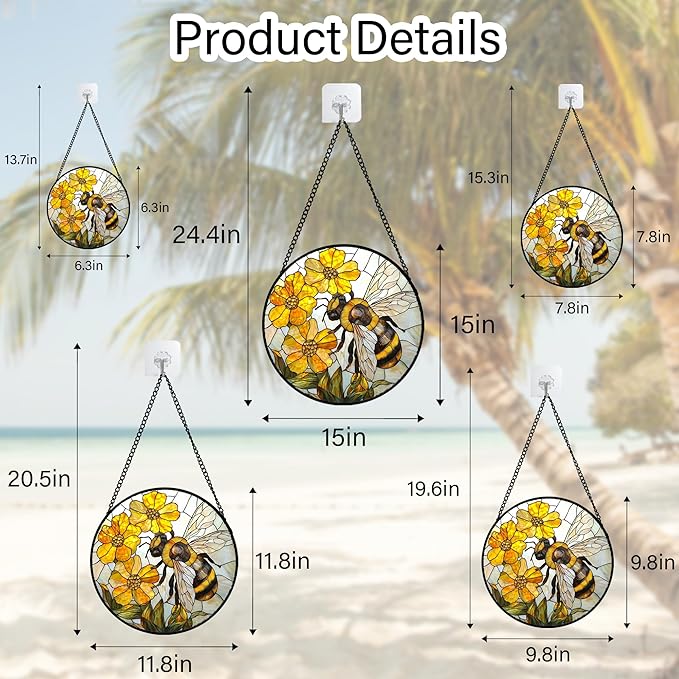 Stained Glass Window Hanging - Yellow Bees Gathering Flowers Sun Catcher for Door Garden Home Decor Cute Suncatcher Christmas Mother's Day Birthday Gifts for Women Men Mom Nana 9.8 in