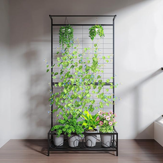Zhongma Metal Planter with Trellis Raised Bed with Trellis for Vine Climbing Plants Flowers(12.8 x 35.43 x 74 in), 74 Inch Height Privacy Screen with Hanging Plant Pot Shelf