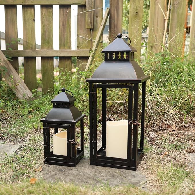 NEEDOMO LED Lanterns Decorative Outdoor&Indoor, Set of 2 Large Bronze Metal Lantern Decor with LED Candle, Lantern Decor for Porch, Patio, Garden, Balcony, Wedding, Spring Decorations (NO Glass)