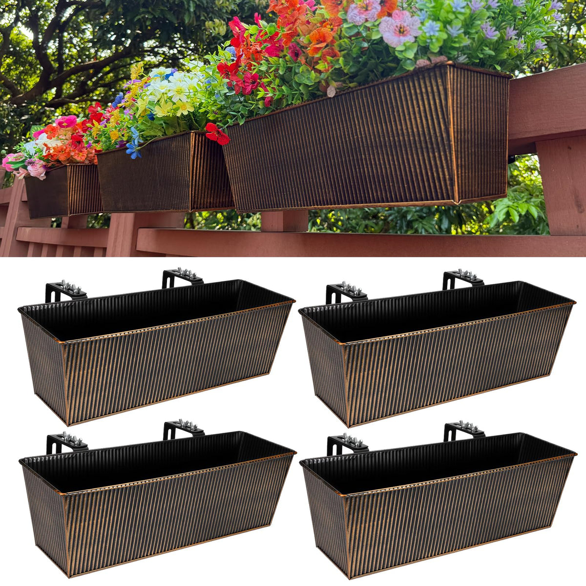 JFMAMJ Metal Railing Planter, 16 Inch Rectangular Window Box with Adjustable Brackets, Drainage Holes, for Balcony Deck, 4 Pack (Retro, Rectangular)