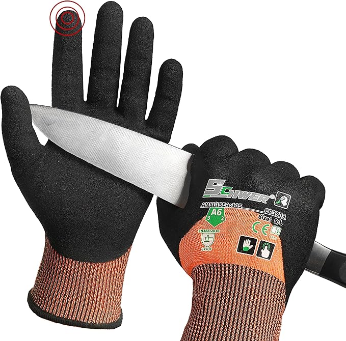 Schwer ANSI A6 Cut Resistant Gloves, CR3709 Cut Proof Work Gloves, Touch-screen Cutting Gloves, 3/4 Dipped Coating for Woodworking, Glass Metal Cutting, Construction, Fishing, L,1 pair