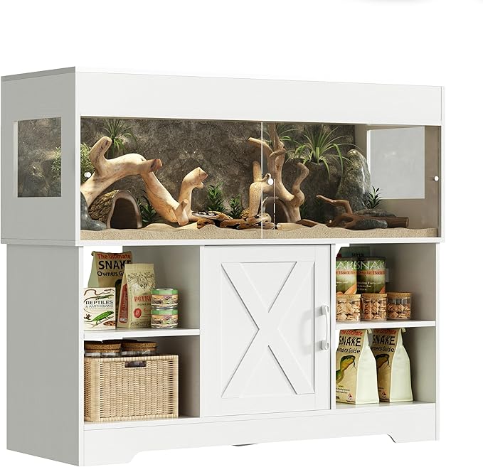 Herture 60 Gallon Reptile Tank with Stand, Terrarium Tank with Storage Cabinet, for Lizards, Skinks, Snakes, Sliding Acrylic Doors, Mesh Top, Built-in Power Outlet White PX02RTW