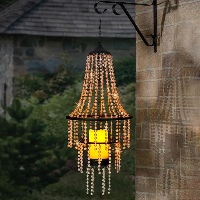 Hanging Candle Lantern Outdoor, 28” Battery Operated Modern Clear Acrylic Crystal Chandeliers with Flickering Yellow Led Candle Light S Hooks for Garden, Backyard, Gazebo, Room Indoor Indoor Decor