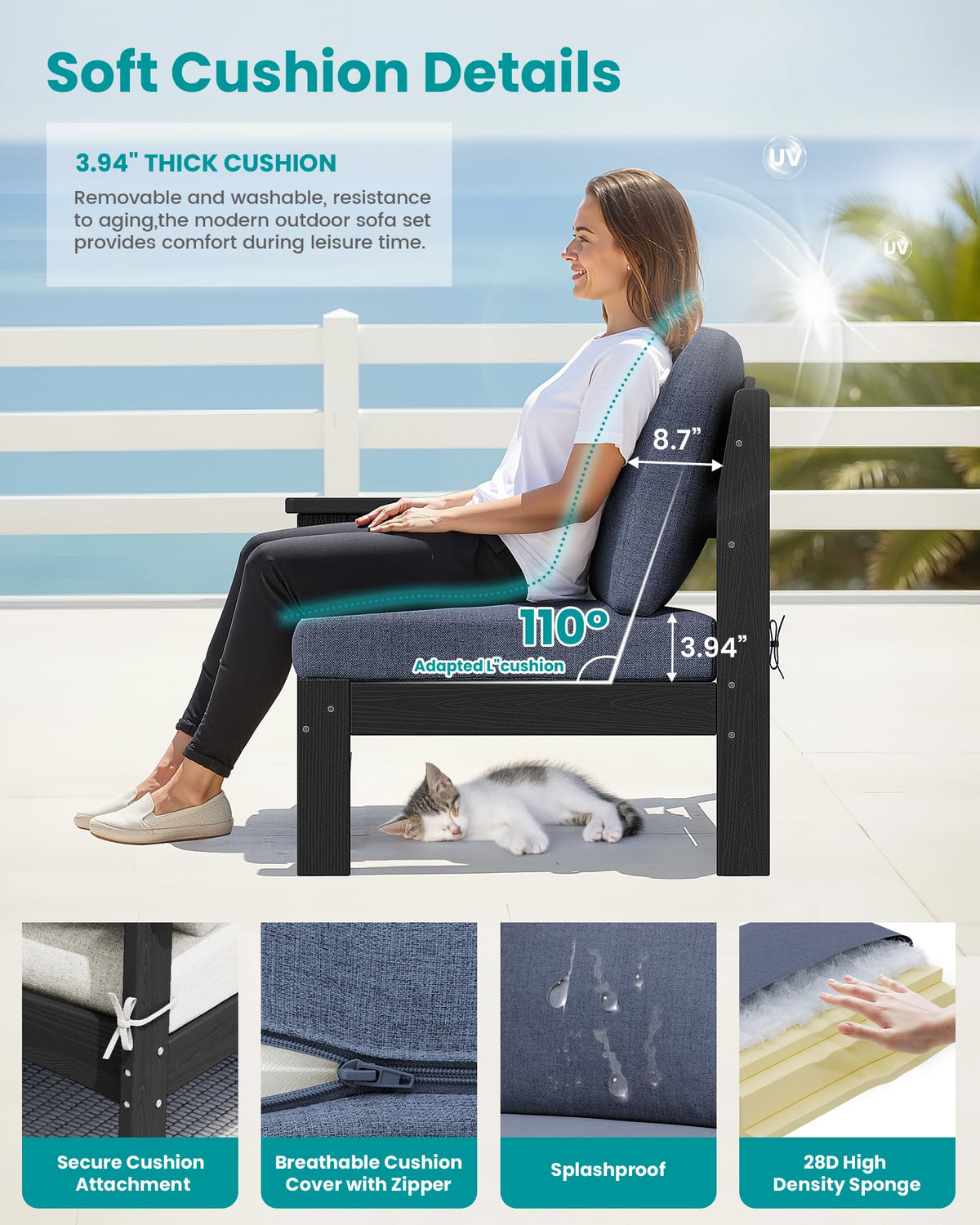 SERWALL 5 Piece HDPE Outdoor Sectional Sofa with Ottoman and Table, Black