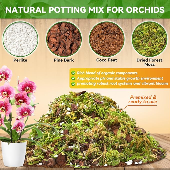 Riare 6QT Orchid Potting Mix for Repotting- Orchid Repotting Kit Include Moss, Pine Bark, Perlite, Coco Peat- Premium Orchid Soil Medium for Indoor Potted Plants Root Ventilation & Expanding