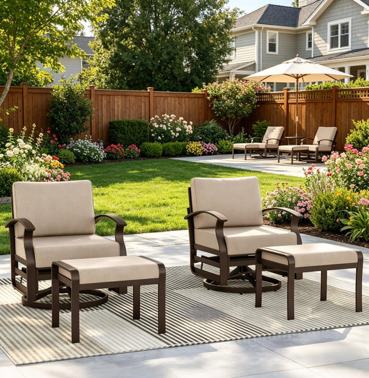 RTDTD 4 Piece Aluminum Swivel Rocking Chair Set, Outdoor Patio Swivel Gliders Chair with 5.1" Thick Cushions and Ottomans, Conversation Furniture Set Suitable for Patio,Lawn,Back Garden(Brown)