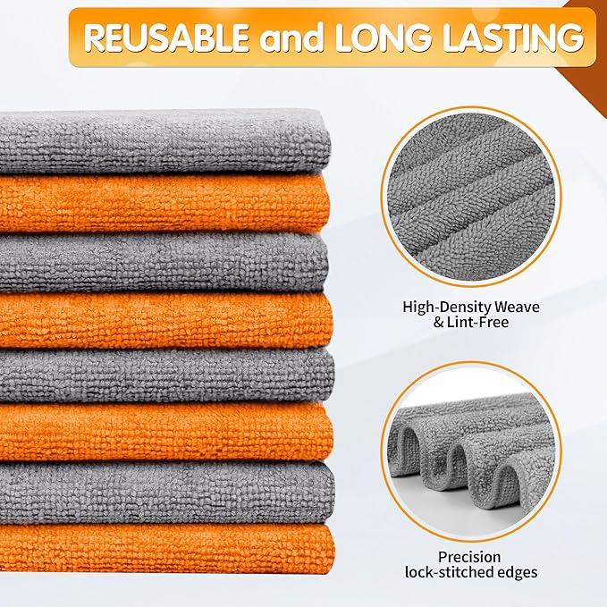FIXSMITH Microfiber Cleaning Cloth -Pack of 8, Highly Absorbent Cleaning Rags(Grey&Orange), 16"X12" All Purpose Cleaning Towels for Housekeeping, Kitchen, Car, Reusable Microfiber Towels