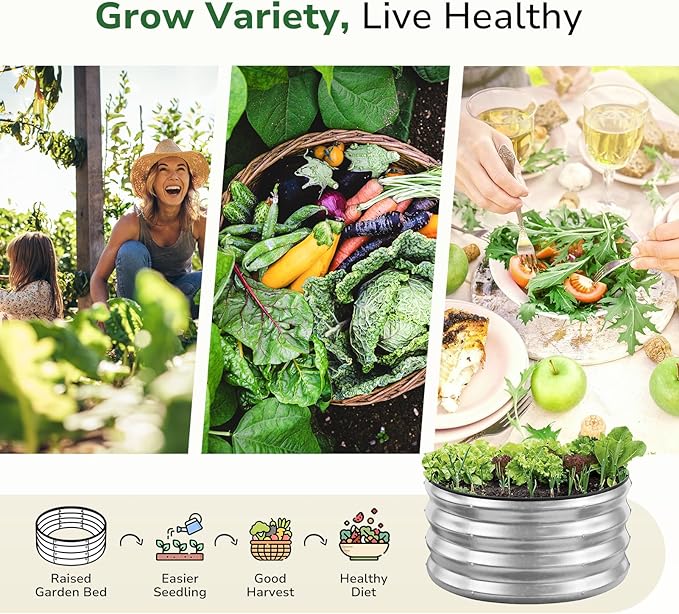 GreatBuddy 2x2x1 ft Round Galvanized Raised Garden Bed, Easy-Assembly Raised Bed with Anti-Cut Gloves & Tools, Rust-Proof Garden Bed for Outdoor, Vegetables, Herbs, Small Trees, Silver