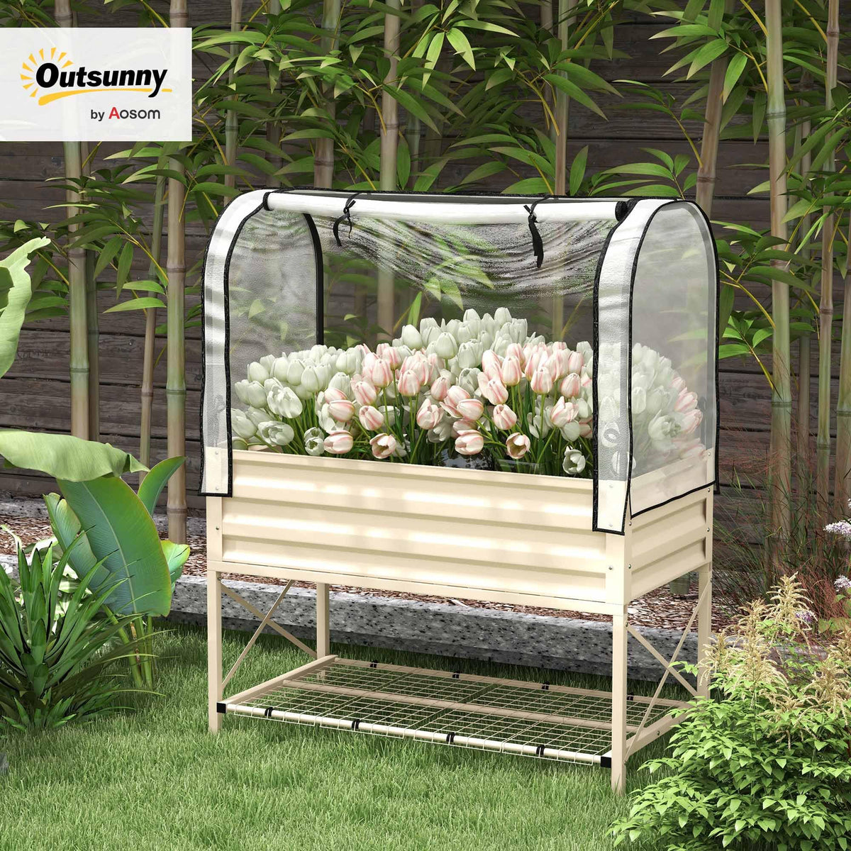 Outsunny Raised Garden Bed with Cover and Storage Shelf, Cream