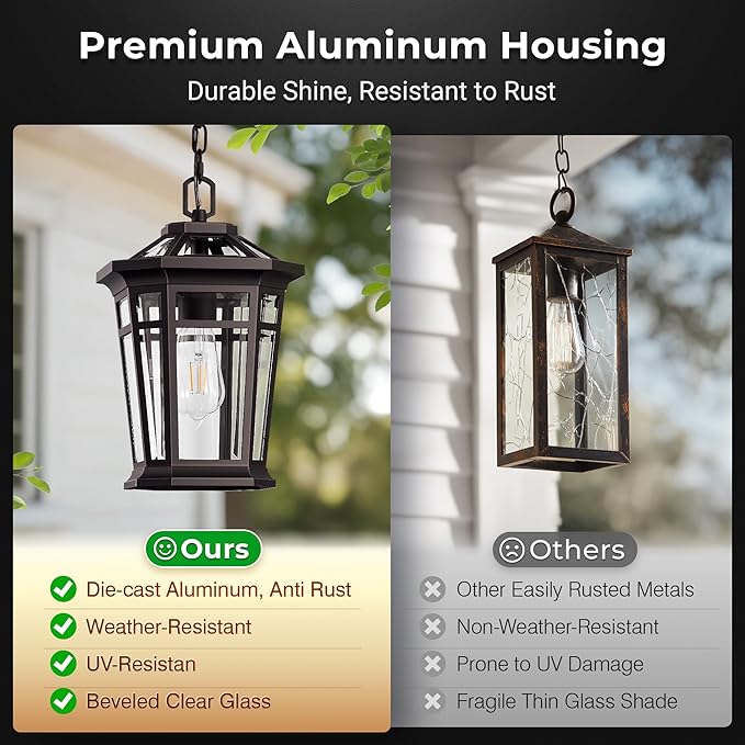 VIANIS Large Outdoor Pendant Light, Oil Rubbed Bronze Outside Hanging Lights, Hanging Porch Light Fixture with Adjustable Chain, 100% Aluminum Waterproof Anti-Rust Ceiling Lighting for House, Doorway