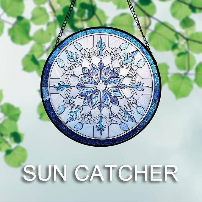 AMDERVEN Stained Glass Window Hanging 4 Pcs Set Blue White Christmas Snowman Snowflake Large 15" - Suncatcher Door Garden Sun Catcher Decor Birthday Mother's Day Xmas Gifts for Mom Woman Nana Men