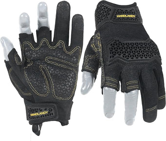 HANDLANDY Fingerless Framer Work Gloves for Men, Utility Grip Paded Gloves for Tactical Shooting Airsoft Hunting Driving (Black- 3 Fingerless, X-Large (Pack of 1))