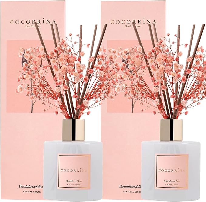 Cocorrína Premium Reed Diffuser Set with Preserved Baby's Breath & Cotton Stick Sandalwood Rose 2 Packs, 6.7oz Scent Fragrance Oil Diffuser for Bedroom Bathroom Home Décor