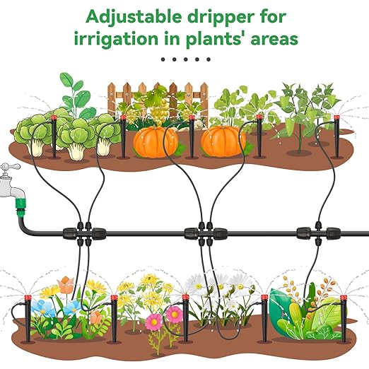 50pcs Drip Emitters for 1/4" Drip Irrigation Tubing, Adjustable 360 Degree Water Flow Drippers on 5" Arrow Stake, Garden Irrigation Drippers for (4-7mm) Watering System