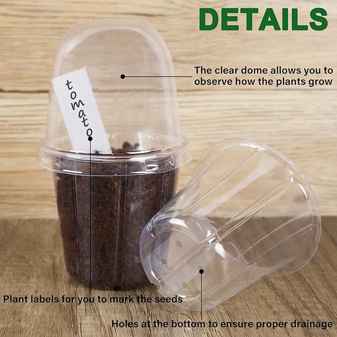 winemana 36 Set Nursery Pots with Humidity Dome, Clear Nursery Pots for Plants, Seed Starting Pots with Drainage Holes & Plant Labels for Vegetables Flowers Garden Plants