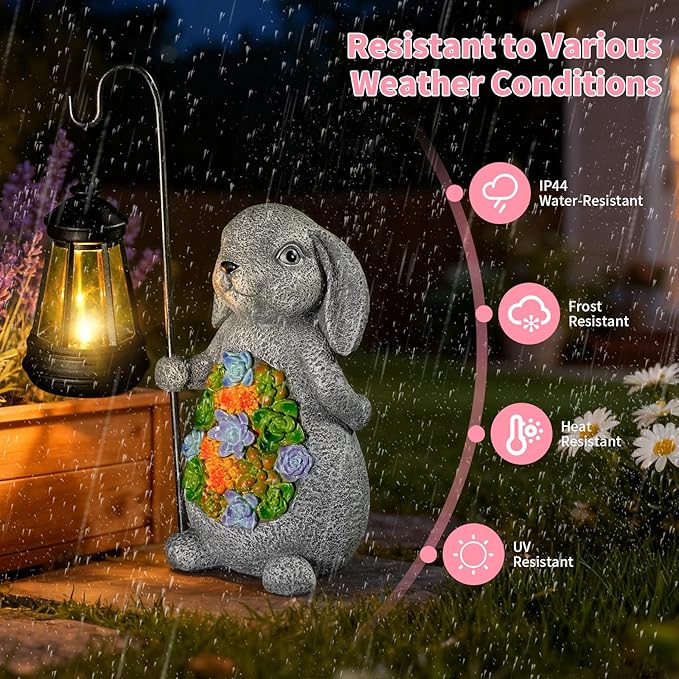 Solar Rabbit Garden Statue with Lantern – Waterproof Resin Outdoor Decor for Yard, Lawn, Patio, Garden – Gift for Easter, Christmas, Housewarming – Solar Garden Decor