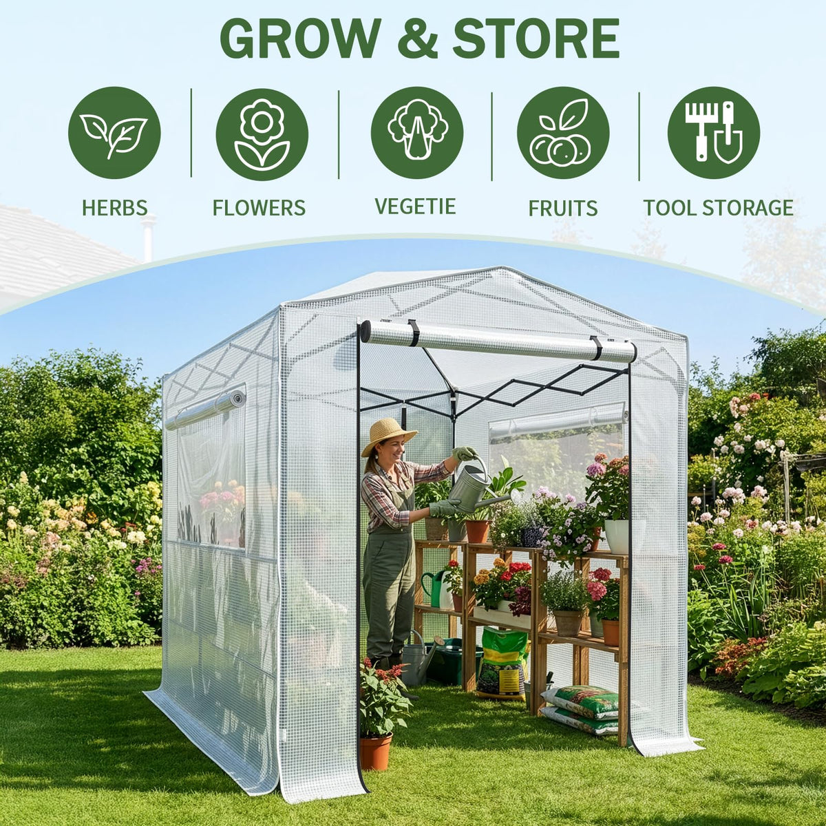 Outvita 6x8ft Greenhouse, Instant Walk-in Pop Up Tent Greenhouse for Indoor Outdoor Gardening Easy Setup Shelter with Roll-up Zipper Entry Doors and Windows