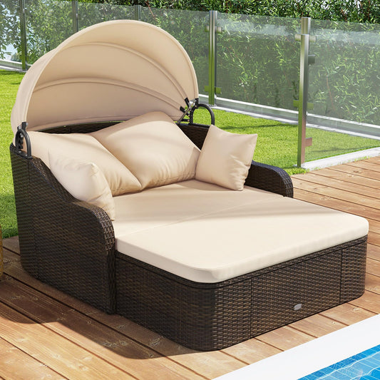 Moccha Outdoor Daybed with Retractable Canopy - PE Rattan Double Chaise Lounge w/ Soft Cushions, Pillows, Ottoman, Outside Sunbed, Wicker Loveseat Sofa, Sectional Conversation Set, Patio Furniture Set