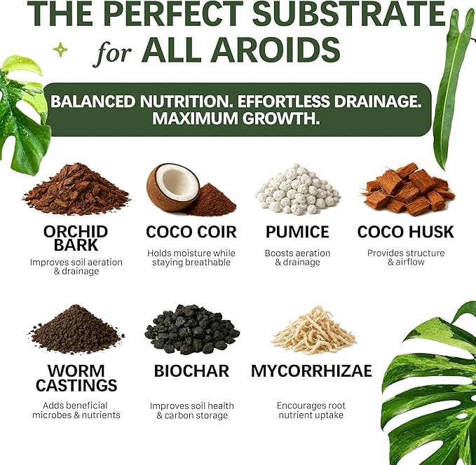 Premium AROID Soil Blend for Monstera, Philodendron, Alocasia, Anthurium – Chunky, Optimally Aerated Soil – Organic & Ready to Use – Supercharges Root and Foliage Growth - (2QTS)