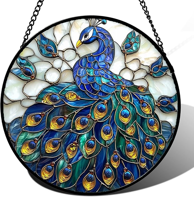 AMDERVEN Stained Glass Window Hanging - Peacock Blue Gold Feathers Sun Catcher for Door Garden Home Decor Bird Suncatcher Christmas Mother's Day Birthday Gifts for Women Men Mom Nana 7.8 in