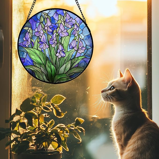 AMDERVEN Stained Glass Suncatcher, Blue Purple Flowers Green Leaves Sun Catcher Plants Stain Glass Window Hanging Decoration Mother's Day Birthday Gifts for Women Men Mom and Nana 7.8 in