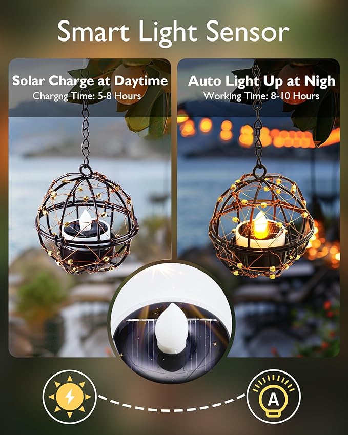 Homemory Solar Tea Lights Outdoor Waterproof Hanging Lanterns, Beaded Copper Wire Ball Holders with Solar Powered Tea Lights Candles, Ideal for Patio, Garden, Backyard, Pergola, Tree, Fence, 4-Pack