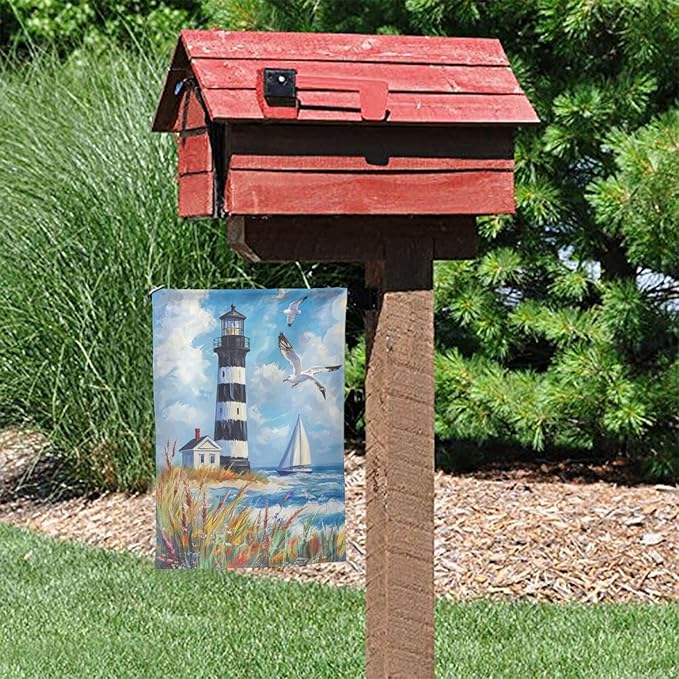Lighthouse Seagulls Garden Flag 12x18 Inch Double Sided All-Weather Polyester Outdoor Flag For Patio Lawn Yard And Garden Welcome Decor