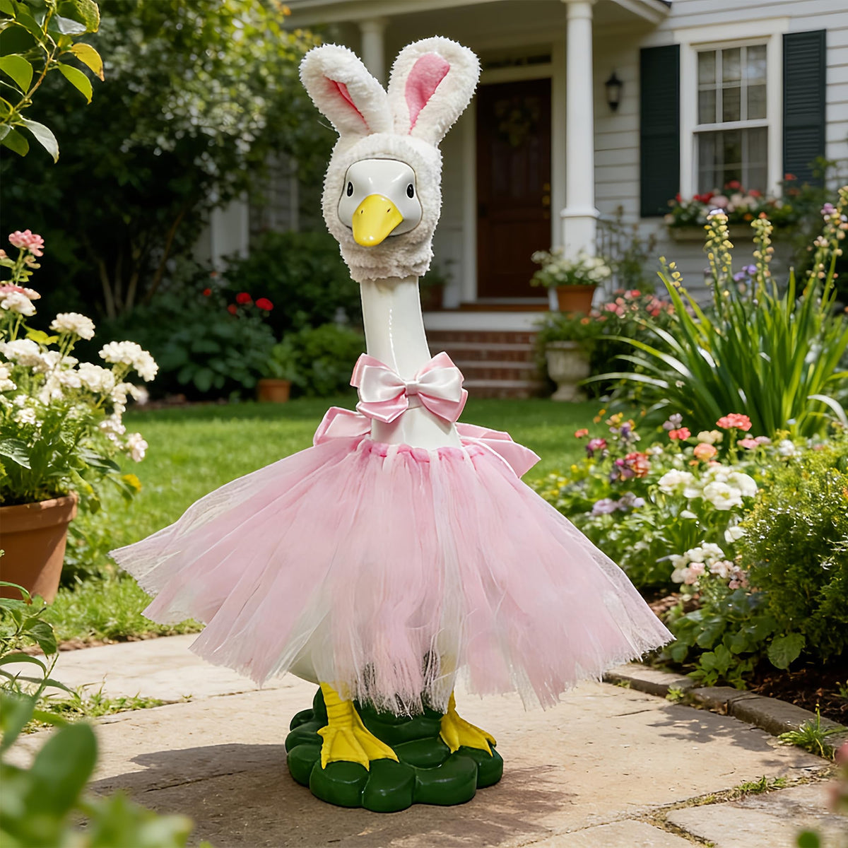 Large Porch Goose Statue with Pink Plush Rabbit Outfit, Garden Porch Decor