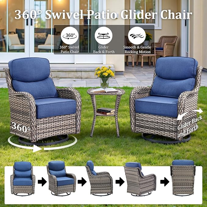 Luxury Outdoor Swivel Rocker Patio Chairs Set of 3, High Back Swivel Patio Chairs with Side Table & 6-Inch Thick Cushions, Wicker Outdoor Bistro Set for Porch, Yard, Deck, Poolside, Grey/Blue