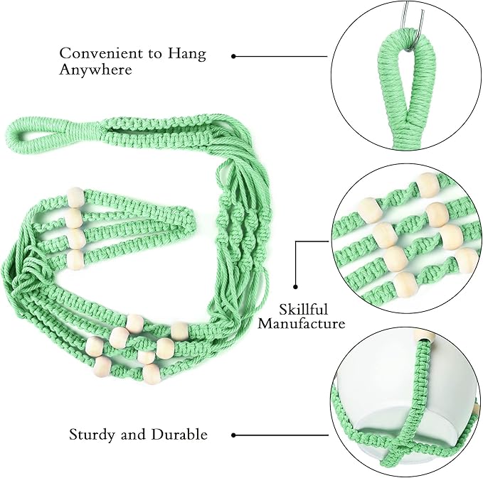 Augshy Macrame Plant Hangers Green Hanging Planters for Indoor Outdoor Home Decor, Hanging Plant Holder No Tassels Set of 2 with 4 Hooks