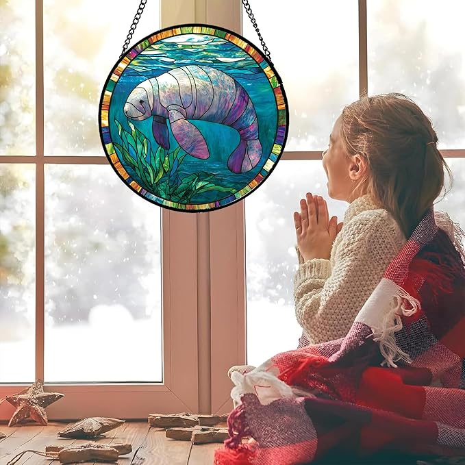 Stained Glass Window Hanging Blue Ocean Seaweed Manatee 7.8" - Suncatcher Door Garden Sunroom Sun Catcher Home Decor Birthday Christmas for Mom Men Woman Nana
