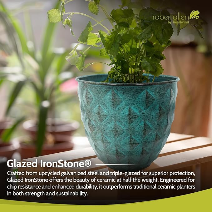 Headwind Glazed Ironstone Diamonte Collection – Surf Green 8-Inch Decorative Plant Pot, Indoor & Outdoor, Vintage Diamond-Textured, Lightweight & Weather-Resistant for Garden Use by Robert Allen